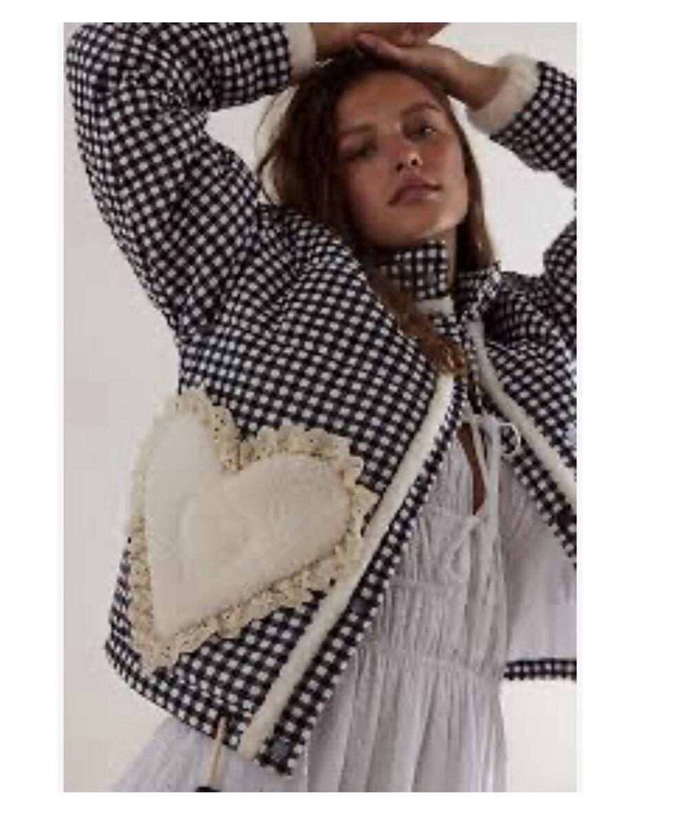 New Collection Gingham Heart Puffer Jacket XXL Black White Cropped Sherpa NWT